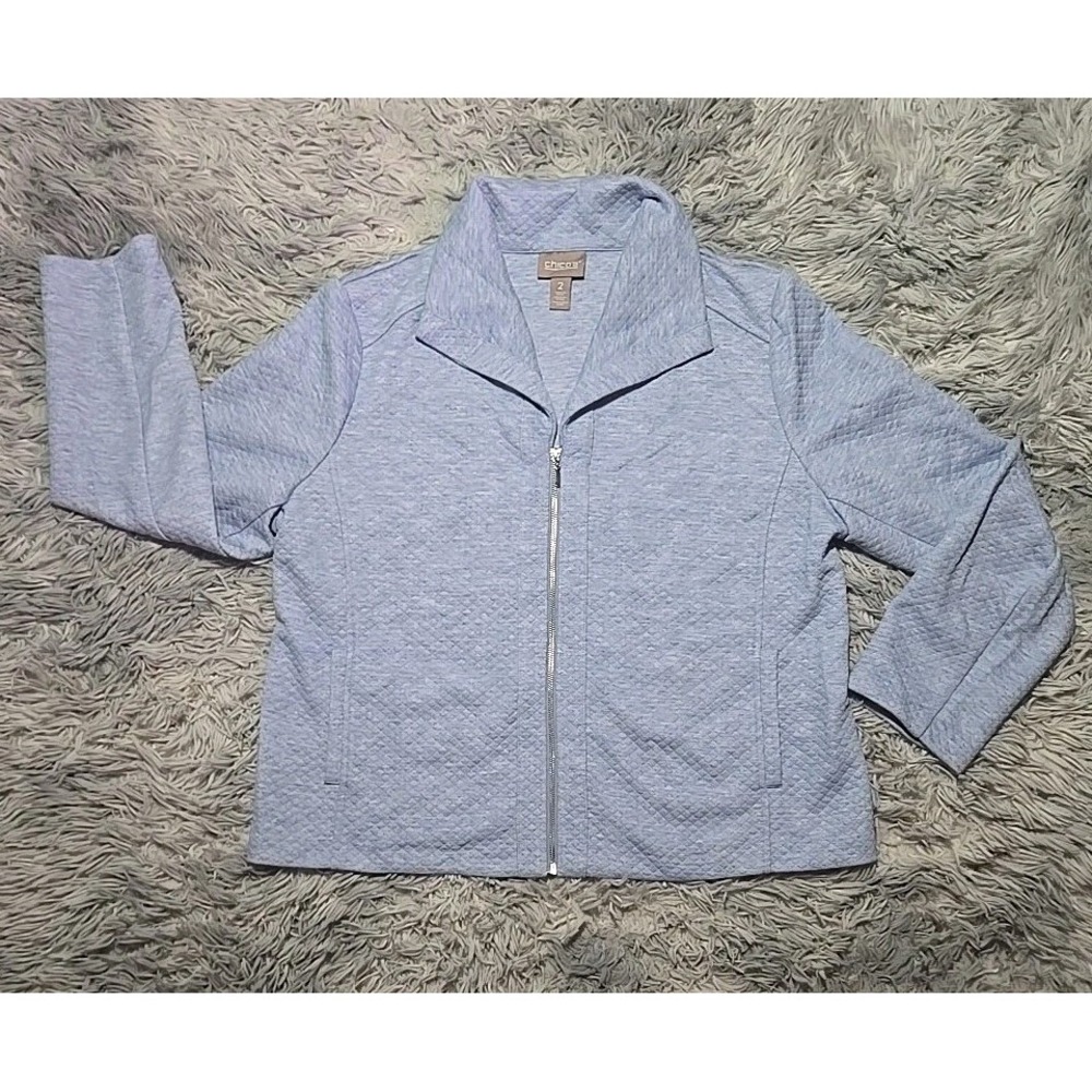 Chico's Women's Quilted Textured Jacket Size 2 Blue Full Zip Grandma Core NWOT